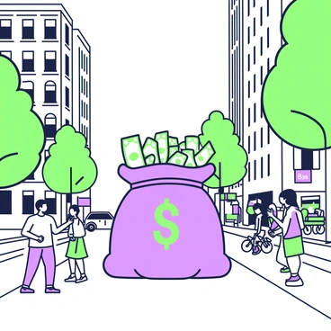 A cartoon-style giant bag of money is positioned in the center of a busy city street. The bag is overflowing with stacks of green bills labeled with dollar signs. Surrounding the bag are pedestrians of various ages and backgrounds, some stopping to look at the money with surprise. Tall buildings with large windows rise on either side of the street, and there are cars and bicycles passing by. A street vendor with a cart is visible in the background, and a few trees line the sidewalk. The scene conveys a lively urban atmosphere.