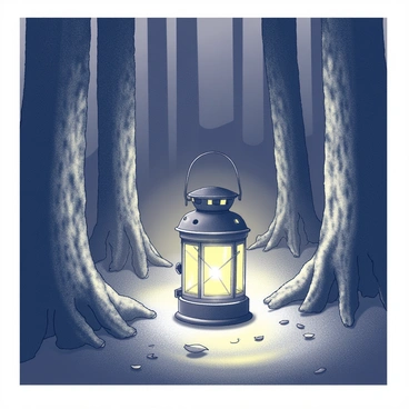 A lantern emitting a warm light. The light from the lantern casts an illuminated path that weaves through the dense foliage of a dark forest. Tall trees rise on either side, their trunks textured and gnarled. Shadows stretch across the forest floor, creating a contrast between light and dark. The path is lined with underbrush, and small leaves scatter around, enhancing the natural setting.