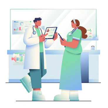 A doctor with short black hair and wearing a white lab coat is standing beside a nurse who has long brown hair tied back in a ponytail. The doctor is pointing at a patient chart on a clipboard, while the nurse is holding a tablet displaying additional patient information. The background features a hospital room with medical equipment and a large window allowing light to filter in. There are charts and graphs on the wall, indicating medical data. Both the doctor and nurse are focused and engaged in their discussion, ensuring a collaborative approach to the treatment plan.