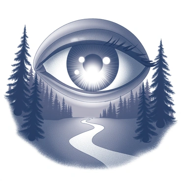 A large, detailed eye is depicted, with a glowing lantern as its pupil. The lantern emits a bright light that casts illumination on a dark forest path below. Surrounding the eye, there are intricate eyelashes and fine textures on the skin. The forest path is lined with tall, shadowy trees that stretch into the background, their silhouettes blending into the darkness. The light from the lantern creates sharp contrasts, highlighting the path while leaving the edges of the forest in shadow.