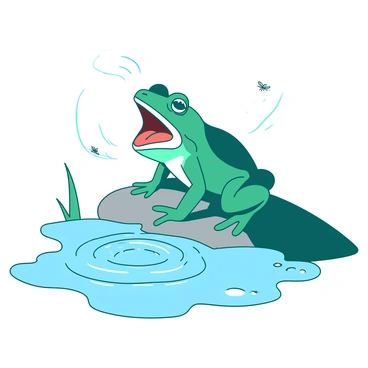 A teal frog is mid-croak, its throat expanded prominently. The frog is perched on a smooth rock beside a small pond. Surrounding the frog, there are echoes of ripples radiating outward on the water's surface. The ripples are distinct and create a mesmerizing pattern, contrasting with the stillness of the pond. Small insects can be seen hovering above the water, enhancing the lively atmosphere.