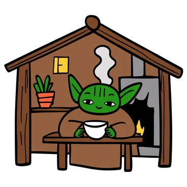 A small green alien with big ears and wise eyes, resembling Yoda, is sitting at a wooden table inside a rustic wooden hut. He is holding a steaming cup of tea with both hands, wearing a simple brown robe. The interior of the hut features rough-hewn wooden beams and a few potted plants on the windowsill, with soft, warm light filtering in through a small window. A cozy atmosphere is created by the presence of a crackling fireplace in the background.