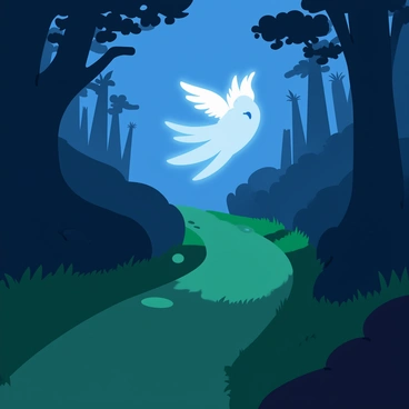 A translucent mystical spirit guide with ethereal wings is floating gracefully above a winding path. The spirit emits a soft, glowing light that pierces through the dense fog surrounding it. The landscape is filled with shadowy silhouettes of tall trees, their branches swaying gently in the breeze. The ground is covered with dark, thick mist that swirls around the path, creating an enchanting atmosphere. Glimmers of light peek through the fog, illuminating patches of vibrant green grass along the sides of the path.