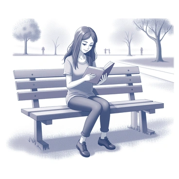 A girl with long hair is sitting on a park bench. She is deeply focused on reading a book that she holds in both hands. The girl is wearing a casual outfit, and her posture is relaxed as she sits comfortably. The park surrounding her features trees and grass, giving the scene a sense of being outdoors. In the background, a path is visible, hinting at other park-goers walking by.