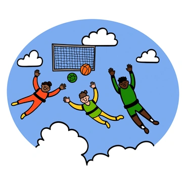 A group of skydivers with various skin tones and hair types are free-falling through a bright blue sky. They are wearing colorful jumpsuits, each unique in design, as they play football in mid-air. One skydiver is kicking a football towards a floating net that is suspended among the clouds. Another skydiver is reaching out with both hands, trying to intercept the ball, while a third skydiver is positioned near the net, ready to score. The scene is filled with excitement as they maneuver in a spectacular aerial display, showcasing their athleticism and teamwork.