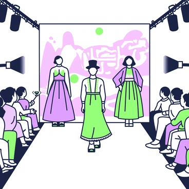 A modern fashion show is taking place on a sleek runway. Models are showcasing Hanbok-inspired outfits, each featuring vibrant fabrics and intricate patterns. The first model is wearing a flowing dress with a fitted bodice and a wide, layered skirt, adorned with traditional motifs. Another model walks confidently in a tailored jacket and a long pleated skirt, with a modern twist on the classic colors. Flashes from cameras illuminate the scene as a diverse audience watches in admiration, seated in stylish chairs on either side of the runway. Behind the models, a large screen displays animated graphics related to the fashion theme, enhancing the atmosphere of the event.