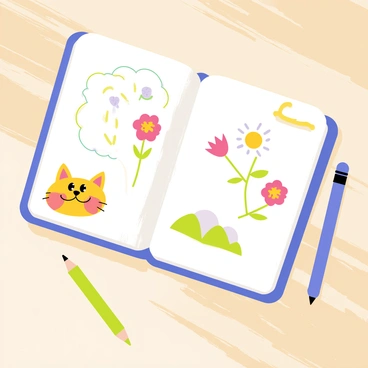 An open sketchbook resting on a light wooden table. The pages of the sketchbook are filled with random, playful illustration doodles. One page features a colorful cartoon-style cat with exaggerated features, while another showcases whimsical flowers with smiling faces. A doodle of a sunny landscape with fluffy clouds and rolling hills is also visible. Brightly colored pens and pencils are scattered around the sketchbook, adding to the creative atmosphere. The overall scene conveys a sense of fun and imagination.