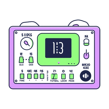 A close-up view of a control panel designed for updating scores on a vintage sports scoreboard. The control panel features a series of green buttons and dials, each clearly labeled with numbers and symbols. There is a large screen in the center displaying a score with bright indicators. Below the screen, several green switches can be seen, including a toggle switch that stands out among the others. The panel is surrounded by purple casing, adding to its retro aesthetic, and wires are visibly connected at the back, indicating its functionality.