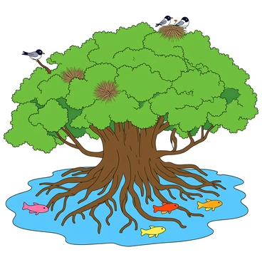 A vibrant mangrove forest with thick, green foliage rising above the water. The trees have long, twisting roots that are partially submerged, creating a complex network. Brightly colored fish are swimming among the roots, their scales shimmering in the sunlight. High up in the branches, several birds are nesting, with some carrying twigs to build their nests. The scene is lively with the interplay of water, plants, and animals, showcasing a rich ecosystem.
