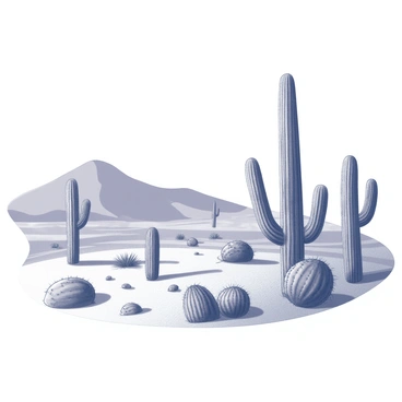 A desert landscape featuring different species of cacti under the sun