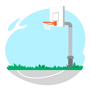 A single basketball hoop with a vibrant orange rim and a white net is visible against a clear blue sky. The hoop is mounted on a tall, gray pole, which casts a faint shadow on the concrete surface below. The ground beneath the hoop is marked with faded white lines of a basketball court. Lush green grass borders the court, adding a touch of color to the scene. Sunlight creates a bright, cheerful atmosphere, and there are no people in sight, emphasizing the solitude of the setting.