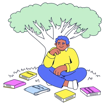 A philosopher is sitting cross-legged under a large leafy tree. The philosopher has a thoughtful expression, with one hand resting on their chin. Around them, scattered on the grass are several books that display titles related to "social contract theory." The books are varied in color and size, some open and some closed, creating a sense of depth. The tree branches are lush and provide shade, while a few rays of sunlight filter through the leaves and illuminate the philosopher and the books.