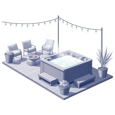 A hot tub on a backyard patio with string lights and a cozy fire pit