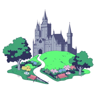 A large, gray castle with tall spires and intricate stonework stands on top of a lush green hill. Surrounding the castle are vibrant, colorful gardens filled with blooming flowers in various shades. A winding path leads from the castle entrance through the gardens, where a few quaint benches are placed under the shade of large trees. The sky above is clear, providing a striking contrast to the grandeur of the castle.