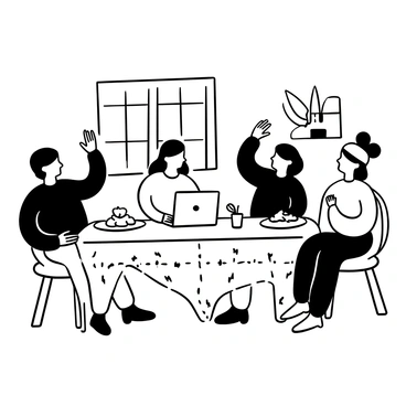 A family of four gathered around a large wooden table, with a laptop open in the center showing the screen. Each family member is engaged, waving with one hand while the other rests on the table. There are various plates of food and drinks in front of them. A decorative tablecloth features a simple checkered pattern. A window in the background shows part of a homey living room, with a potted plant in the corner. A warm atmosphere is created by soft light illuminating the scene.