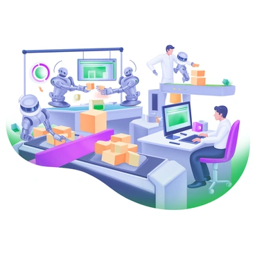 A modern pastel illustration depicting a factory floor filled with robots handling various products. The robots are actively picking up items from conveyor belts and stacking them neatly. In the background, several engineers are seated at computers, monitoring the robots' activities through screens displaying data and visuals of the production process. The engineers are focused, with one individual pointing at the screen while another is typing on a keyboard. The environment is well-lit, showcasing machinery and tools scattered throughout the space.