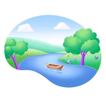 A wide river flowing smoothly, reflecting the bright blue of a cloudless sky above. On either side of the river, vibrant green trees provide shade, their leaves rustling gently in the soft breeze. The water has a slight shimmer, indicating the sun's rays dancing on its surface. In the distance, rolling hills create a gentle backdrop, adorned with patches of wildflowers in various colors. A few rocks are visible along the riverbank, and a small wooden boat drifts lazily in the water.