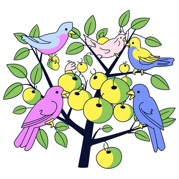 A variety of colorful birds are perched on the branches of a tree in an orchard, each bird distinct in hue and pattern. They are actively feasting on a cluster of ripe "grusha" fruits, which are round and have a smooth skin, displaying shades of green and yellow. Sunlight filters through the leaves, casting gentle light onto the scene, highlighting the vibrant colors of the birds and the fruits. The background features other trees laden with foliage, creating a lively atmosphere.
