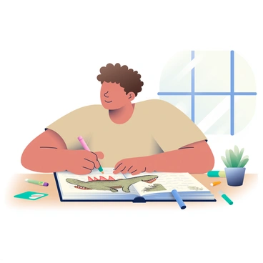 An artist with light skin and curly brown hair is seated at a wooden table, intently sketching the detailed features of a spinosaurus in a large, open notebook. The artist is wearing a loose-fitting, beige shirt and has a pencil in their right hand, focused on capturing the creature's sharp teeth and distinctive sail on its back. The table is scattered with various art supplies, including colored pencils and erasers. A small potted plant is placed to the side of the notebook, adding a touch of greenery to the scene. Natural light is streaming in from a window, illuminating the sketch and enhancing the textures of the artist's work.