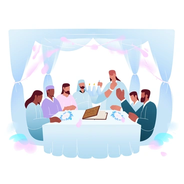 A nikkah ceremony is set in a softly lit room filled with flickering candles. The room is adorned with draped silk fabric in pastel shades, creating a warm and inviting atmosphere. In the center, there is a beautifully decorated table covered with a white cloth, showcasing intricate floral arrangements. A large, ornate Quran is placed prominently on the table. Nearby, two elegantly dressed individuals are seated, surrounded by friends and family, all dressed in traditional attire. Soft light from the candles casts gentle shadows, adding a tranquil ambiance to the ceremony.