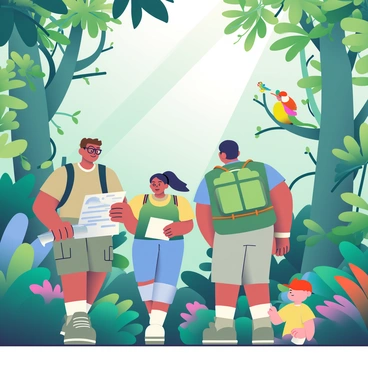 A group of four explorers is trekking through a dense jungle filled with various shades of green foliage. The first explorer, with short brown hair and wearing a khaki shirt and cargo shorts, is leading the way, holding a map in one hand and a machete in the other. The second explorer, a woman with long black hair tied in a ponytail, is taking notes in a notepad while wearing a green vest and hiking boots. The third explorer is a tall man with glasses, wearing a blue shirt and carrying a backpack, looking up at the towering trees with curiosity. The fourth explorer, a younger person, is pointing at an exotic bird perched on a branch, dressed in a red baseball cap and a yellow t-shirt. The jungle is alive with colorful flowers and tangled vines, and sunlight filters through the thick canopy above, casting dappled shadows on the ground.