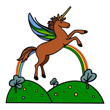 A mythical bucking bronco with a shimmering coat, wild mane, and colorful wings is soaring through the air. The bronco is rearing up, its powerful legs bent, and its wings spread wide, displaying vibrant hues of blue, green, and gold. Below, a magical landscape features rolling hills dotted with sparkling flowers and trees with iridescent leaves. In the distance, a rainbow arcs across the sky, adding to the enchanting atmosphere. The sunlight dances on the bronco's wings, creating a spectacle of color as it navigates this fantastical environment.