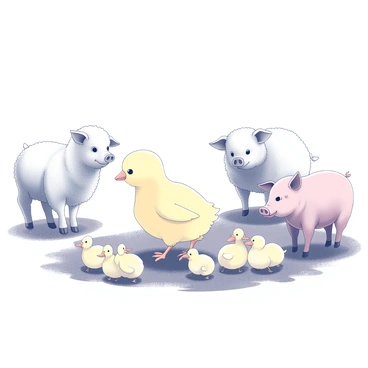 A small yellow chick is at the center of the image, surrounded by several farm animals. To the left, there are two fluffy white lambs grazing, their ears perked up as they observe the chick. To the right, a group of playful pink piglets are rolling in the dirt, their small tails wagging excitedly. In front of the chick, there are three tiny ducklings waddling curiously, their soft feathers looking delicate. The ground is a mix of grass and dirt, creating a rustic farm atmosphere. Each animal displays various postures, illustrating their interactions with one another, creating a lively farm scene.