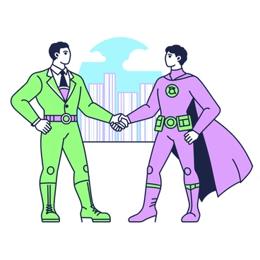 Two superheroes are standing facing each other, shaking hands firmly to symbolize their alliance. The first superhero wears a sleek, green suit with a design that features a bold emblem on the chest, while the second superhero dons a purple suit with accent details that complement the first. In the background, a city skyline is visible, with tall buildings and a clear blue sky. Both heroes have a determined expression on their faces, showcasing their commitment to fighting evil together. One of them has a utility belt filled with gadgets, while the other has a flowing cape that billows softly in the breeze.