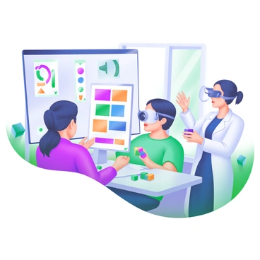 A modern pastel illustration featuring a group of cataract patients engaged in vision rehabilitation exercises. In the center, a patient is focusing on a colorful chart with various shapes and letters. To the left, another patient is practicing eye-tracking by following a moving pointer on a screen. On the right, a therapist is demonstrating a hand exercise with colored blocks. Surrounding them are visual aids, including magnifying glasses and eye charts, all set in a bright and inviting room filled with natural light.