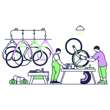 A busy bicycle assembly line is filled with activity. On the left, several bicycle frames are hanging from a conveyor belt, each one mid-process of being painted. The frames are sleek, showcasing various shapes and sizes. In the center, a worker is carefully fitting wheels onto a frame, ensuring everything is aligned properly. An array of tools and components is neatly organized on a nearby table, including tires, spokes, and brake systems. Above the assembly line, bright overhead lights illuminate the workspace, creating a vibrant atmosphere of productivity.