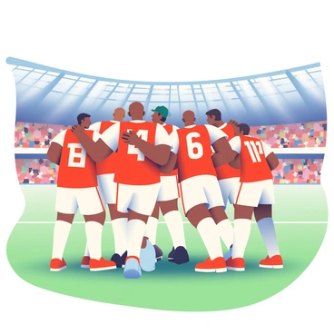 A diverse group of football players is gathered in a tight huddle in the center of the Old Trafford pitch. The players are wearing bright red and white uniforms, with each one displaying their unique jersey number. They are standing close together, some with arms around each other’s shoulders, while others are leaning in for an enthusiastic discussion. The lush green grass beneath them contrasts with the vibrant colors of their kits. The iconic stadium stands are filled with fans, and the floodlights are on, illuminating the scene. The atmosphere is filled with anticipation as the players prepare for the game ahead.