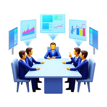 A group of business professionals sitting at a sleek conference table. Each professional is dressed in formal business attire, including suits and ties. They are engaged in a virtual meeting, with holograms of various graphs, charts, and data visualizations projected above the table. The holograms are vibrant and colorful, showing dynamic information. The professionals are interacting with the holograms, pointing and discussing the displayed data. The background is modern and well-lit, featuring digital screens and high-tech equipment.