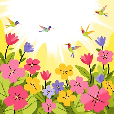 A vibrant garden filled with a variety of flowers in full bloom. Bright red, pink, yellow, and purple blossoms stretch out across the scene. Among the flowers, colorful hummingbirds with iridescent feathers hover gracefully, their wings in motion as they sip nectar from the blooms. Green foliage surrounds the flowers, adding depth to the garden. The sunlight casts a warm glow, illuminating the scene and highlighting the vivid colors of the flowers and the hummingbirds.