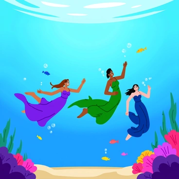 An underwater scene filled with vibrant colors and shimmering light filtering through the water. Several models are gracefully swimming, each wearing flowing garments that trail elegantly behind them. The garments are in shades of blue, green, and purple, mimicking the colors of the ocean. The models have long, flowing hair that floats around them as they move through the water. Various coral formations and schools of colorful fish can be seen in the background, enhancing the enchanting atmosphere of the setting. Bubbles drift upwards, adding to the dynamic feel of the underwater world.