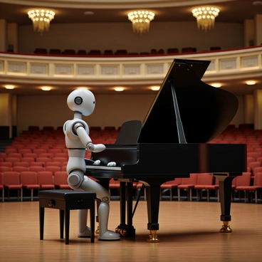 A sleek, silver AI robot with a humanoid appearance is positioned at a grand, polished black piano in an opulent concert hall. The robot's hands, designed with articulated fingers, gracefully hover over the keys, ready to play. The grand concert hall features a high arched ceiling adorned with elegant chandeliers. Rows of red velvet seats are visible in the background, and the wooden stage is illuminated with soft golden lighting. The atmosphere is filled with anticipation as the robot prepares to deliver a mesmerizing performance.