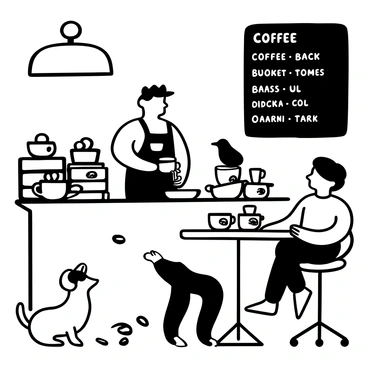 A cat standing behind a coffee shop counter, wearing a barista apron and a small hat. The cat is pouring a cup of coffee with a focused expression. There are various coffee cups stacked on the counter, each with different designs. A chalkboard menu is displayed in the background, listing coffee types with funny names. Customers, including dogs and birds, are sitting at tables enjoying their drinks. One dog is looking confused while trying to order. The scene is lively with a few spilled coffee beans on the floor.