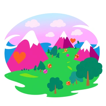 A surreal landscape featuring giant poker cards that form towering mountains and deep valleys. The mountains are composed of various playing cards, such as hearts, spades, clubs, and diamonds, each card displaying vibrant colors and intricate designs. The valleys between the card mountains are filled with patches of bright green grass and whimsical trees with card-shaped leaves. Above, the sky is a blend of pastel hues, creating a dreamlike atmosphere. Fluffy clouds drift lazily, some shaped like dice, adding to the fantastical scene.