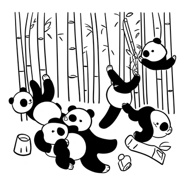 Fluffy pandas rolling around on the ground, surrounded by tall bamboo stalks in a dense bamboo forest. Some pandas are playfully tugging at bamboo leaves, while others are climbing up the bamboo shoots. The soft texture of their fur stands out against the straight lines of the bamboo. A few scattered bamboo shoots lie on the forest floor, showing signs of being chewed. Branches sway slightly, adding to the lively atmosphere.