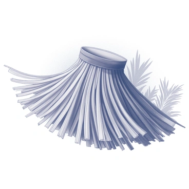 A traditional hula grass skirt is depicted in motion, showcasing the dynamic flow of the fibers. The skirt hangs from a waistband and is made of numerous strands of grass that flutter rhythmically. The grass has a natural, textured appearance, and the movement creates a sense of energy and liveliness. The background features a subtle hint of tropical foliage, emphasizing the cultural context of the hula dance. The scene captures the essence of the skirt's movement, highlighting its graceful undulations as if caught in a gentle breeze.