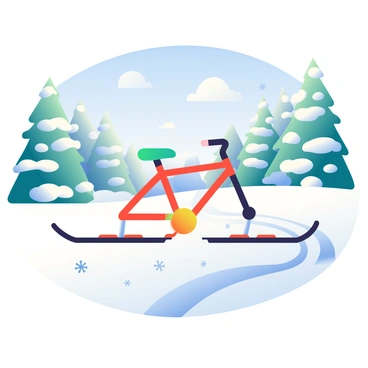 A ski bike with a vibrant red frame is positioned centrally on a pristine blanket of fresh, white snow. The bike's two ski attachments glisten under the sunlight, creating a contrast against the snow. Surrounding the bike are untouched snowflakes, glimmering as they catch the light. In the background, snow-laden trees create a serene winter landscape, their branches heavy with snow. The sky above is a crisp blue, with a few wispy clouds adding depth to the scene. A set of fresh tracks, left by the ski bike, winds away into the distance, emphasizing the untouched quality of the snow around it.