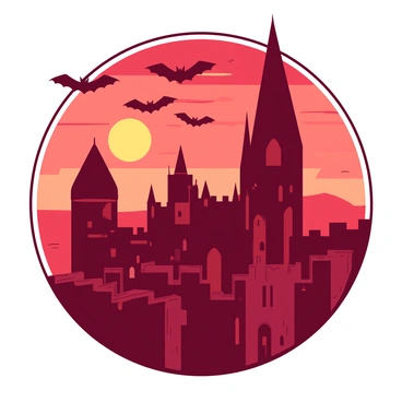 A towering ancient castle with stone walls stands against a "crimson" sunset. The sky is filled with shades of orange as the sun sets behind the castle's tall spires and battlements. Bats are flying overhead, their silhouettes contrasting against the vibrant sky. The scene captures the castle's grandeur and the atmosphere of twilight.