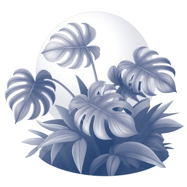 A variety of Monstera leaves with distinct perforations are prominently displayed. They are gently illuminated by a soft moonlight, casting delicate shadows on the ground. The scene is set in a tranquil garden, where the leaves are surrounded by lush greenery, adding depth to the composition. The contrast between the bright moonlight and the surrounding darkness creates an atmosphere of calmness.