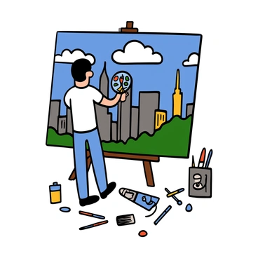 An artist with light skin and short black hair is focused on painting a large canvas depicting the New York skyline before 9/11. The canvas shows tall skyscrapers including the Twin Towers, with clouds in a bright blue sky. The artist is wearing a white t-shirt and blue jeans, standing in front of an easel with a palette in one hand and a brush in the other. There are paint tubes and brushes scattered around the ground, indicating an active creative process. The scene captures a moment of artistic concentration and the beauty of the iconic skyline.