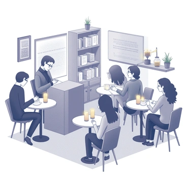 A small cafe setting with cozy tables and chairs arranged closely together. A wooden podium is positioned at the front, where a person is reading poetry to an engaged audience. Soft lighting creates a warm atmosphere, with candles flickering on each table. Bookshelves filled with various poetry books line the walls. Patrons, some holding cups of coffee, are listening attentively, while a few are taking notes. The decor features potted plants and framed artwork, enhancing the intimate vibe of the space.