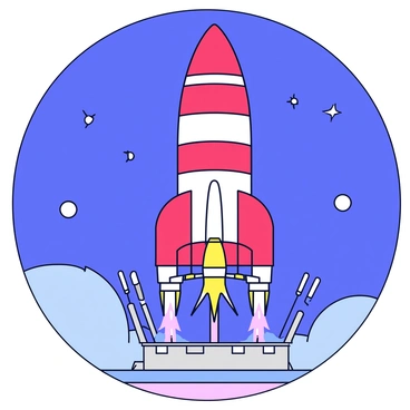 A large rocket stands tall on a launchpad, its body painted in vibrant red and white stripes. The rocket's engines are positioned at the base, with intricate pipes and structures visible around them. Flames and sparks are emitted from the engine nozzles, indicating the powerful thrust being generated. The launchpad features metal supports and a concrete surface, with bright lights illuminating the scene from all angles. The sky above is a gradient of twilight blues, hinting at the imminent liftoff.