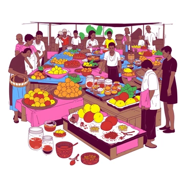 A vibrant scene captures an African marketplace filled with activity. Numerous vendors are displaying an array of colorful fruits, including oranges, bananas, and mangoes stacked on wooden tables. A selection of spices in clear jars can be seen, showcasing rich hues of red and yellow. Handmade crafts, such as woven baskets and bead jewelry, are arranged meticulously on colorful fabric spreads. People of various backgrounds are interacting, with some bargaining and others sampling fresh produce. Bright fabrics and intricate patterns contribute to the lively atmosphere of the marketplace.