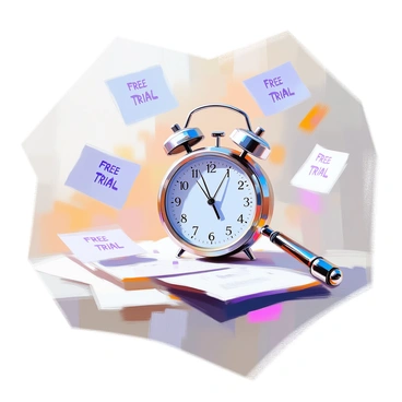 A stopwatch with flying papers labeled 'Free Trial', indicating limited time