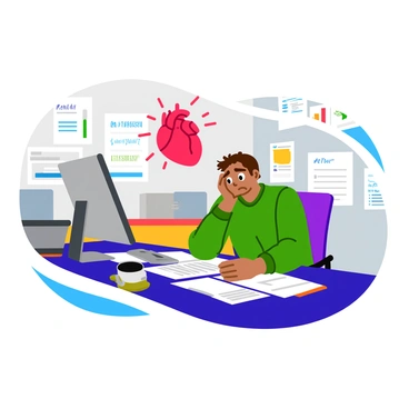 A person sitting at a cluttered desk in an office environment, visibly stressed. The individual has their head in their hands, with disheveled hair and a frown on their face. Papers and a coffee cup are scattered around the desk. An overlay of an anatomical heart is displayed above the person's head, with bright red lines representing stress effects radiating from the heart. The walls of the office are adorned with motivational posters, and a computer screen glows with a busy spreadsheet. The overall scene conveys a sense of pressure and urgency.
