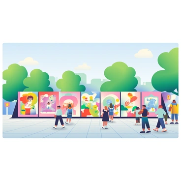 A large public art installation in Huddersfield features a collection of imaginative illustrations displayed on multiple panels. Each panel showcases vibrant, detailed designs with a variety of colors and shapes. The illustrations include whimsical creatures, abstract patterns, and playful scenes that engage viewers. Surrounding the installation is a paved area where people gather, creating a lively atmosphere. Lush green trees are visible in the background, and a clear blue sky stretches overhead.