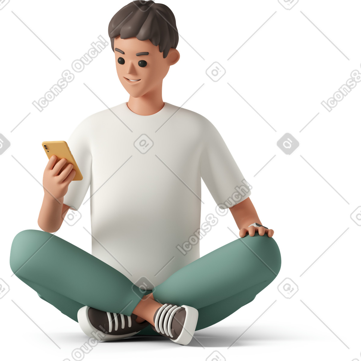 Young man sitting cross legged and looking at smartphone-Illustration im 3D Casual life-Stil als Download in PNG, SVG